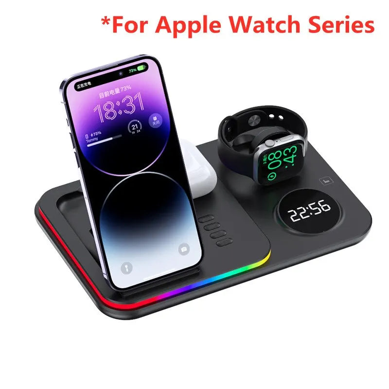 30W 5 In 1 Wireless Charger Stand Light Alarm Clock Fast Charging Station Dock For iPhone 14 13 12 IWatch Samsung Galaxy Watch For Apple watch 1