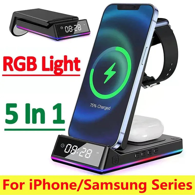 5 In 1 15W Foldable Wireless Charger Stand RGB LED Clock Fast Charging Station Dock for iPhone Samsung Galaxy Watch 5/4 S22 S21