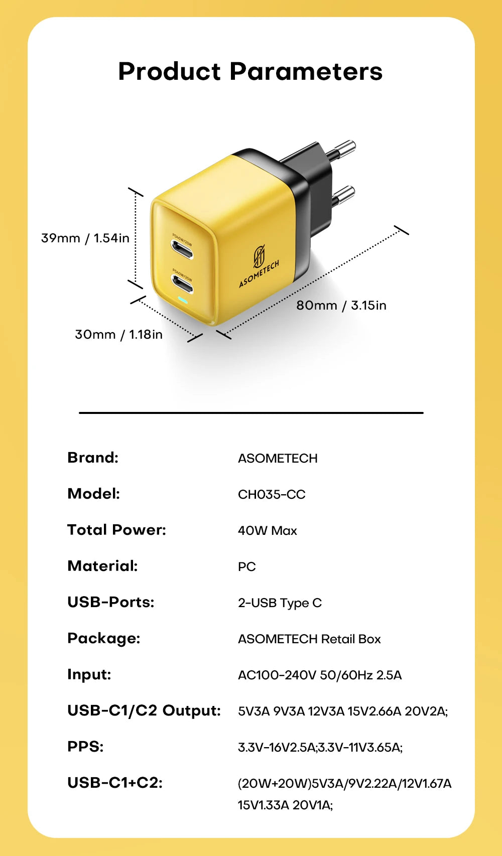 ASOMETECH 40W GaN Charger Dual USB Type C Fast Charger QC4.0 PPS PD Portable Phone Charger For iPhone 14 Samsung S23 iPad Tablet