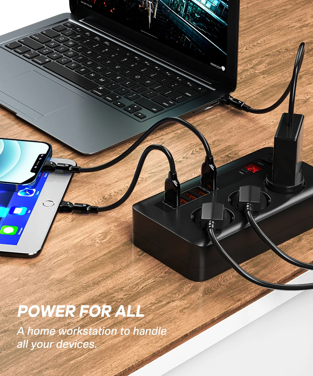 ASOMETECH EU Power Strip European Plug Strip 2500W Extension Socket Overload Protection Multi Plug USB Charger USB C Charger