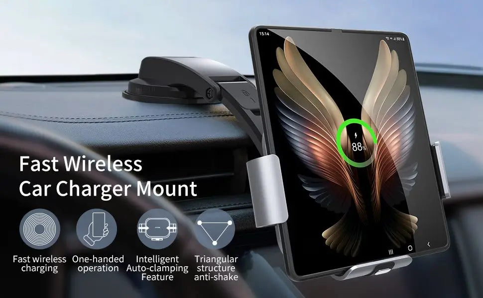 15W Car Wireless Charger Stand Holder Dual Coil Foldable Phone Car Fast Charging Station For Samsung Galaxy Z Fold 4 3 2 iPhone