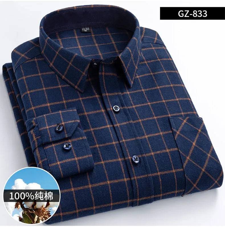 Long Sleeve Regular Fit Home New Spring Autumn 100% Cotton Plaid Mens Shirts Casual for Man Clothes Plus Size