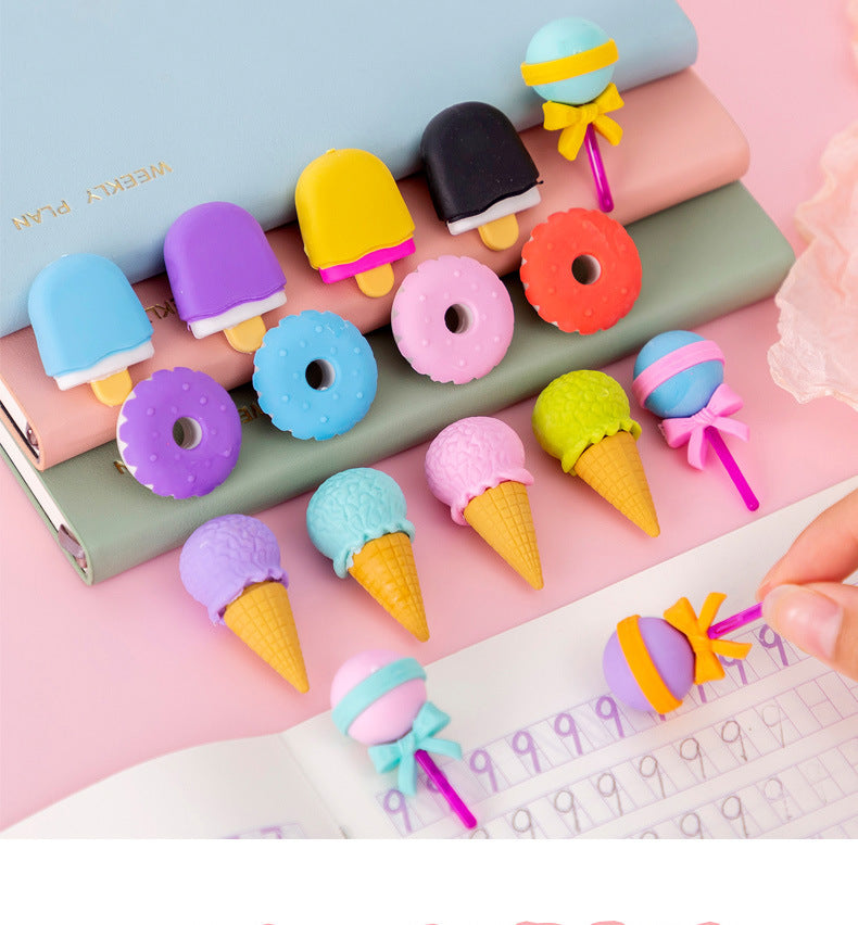 4pcs Yummy Icecream Erasers Set Mini Lollipop Dessert Popsicle Donuts Rubber Pencil Eraser for Kids Gift School Student Award