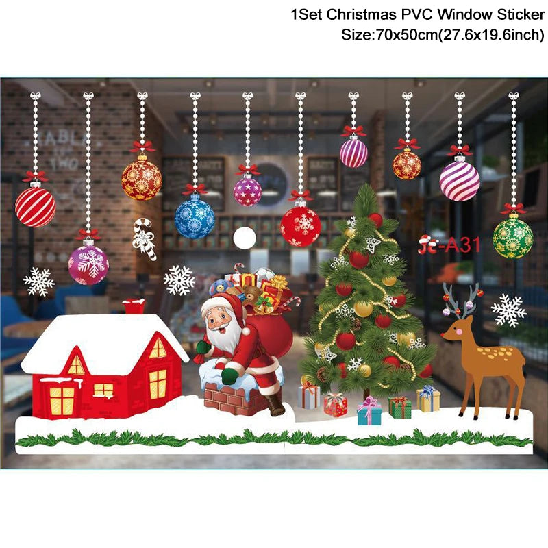 1Set Santa Claus Snowman Elk Window Stickers Snowflake Electrostatic Wall Sticker 2024 Christmas Decoration For Home New Year set16