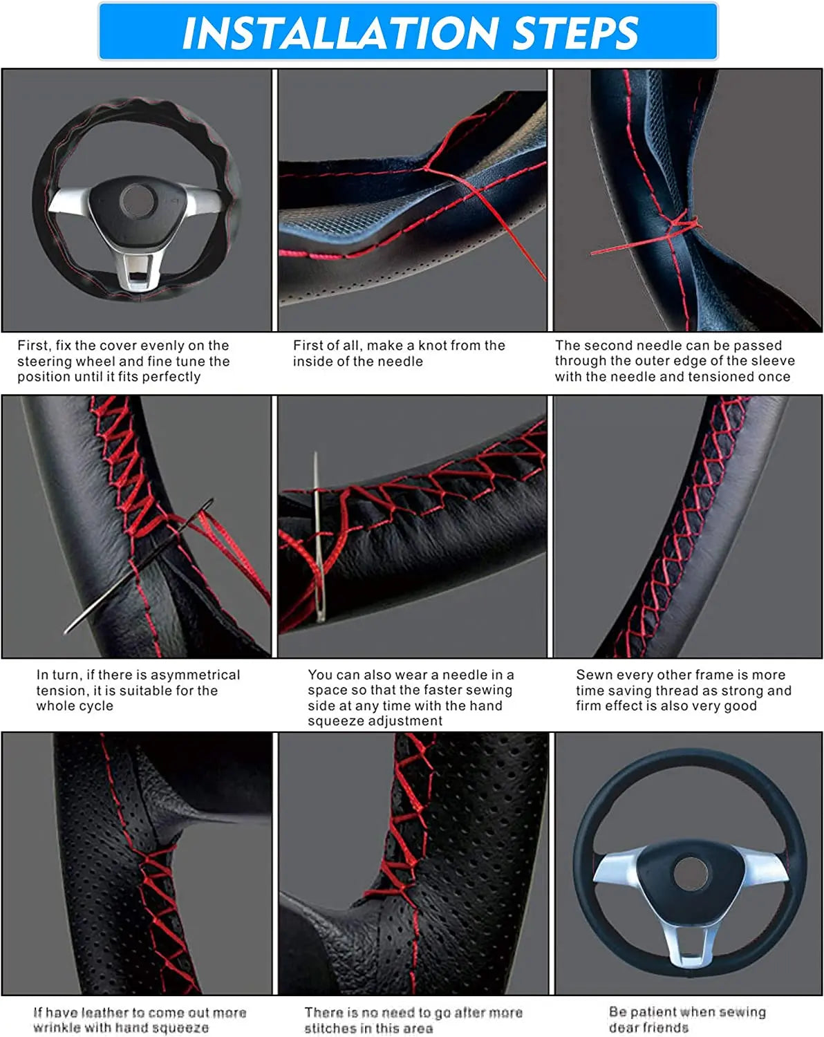 Car Steering Wheel Braid Cover with Needles And Thread Leather Car Steering Wheel Cover 7 Color DIY Braid Auto Accessories