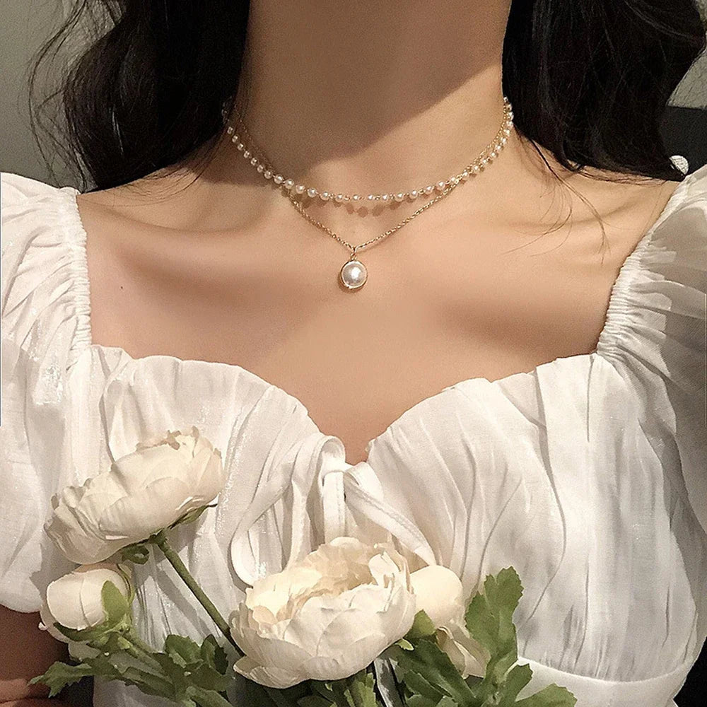 New Beads Women's Neck Chain Kpop Pearl Choker Necklace Gold Color Goth Chocker Jewelry On The Neck Pendant 2021 Collar For Girl