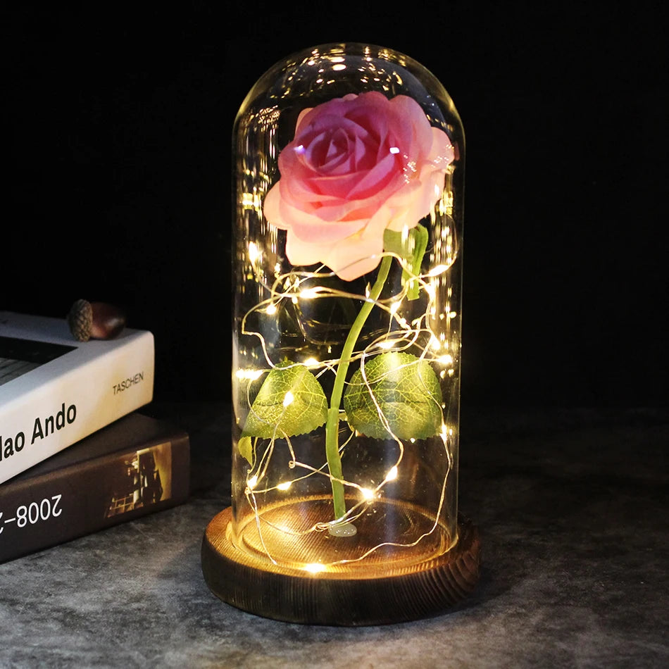 Galaxy Rose Artificial Flowers Beauty and the Beast Rose Wedding Decor Creative Valentine's Day Mother's Gift brown base pink