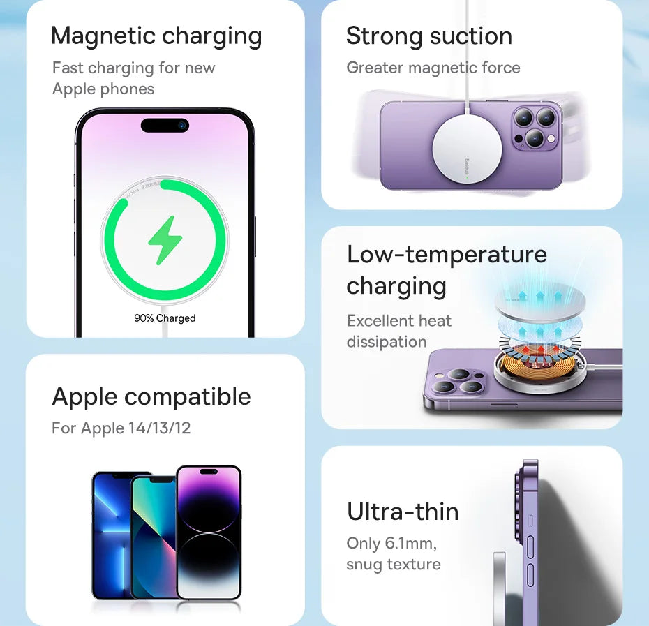 Baseus 15W Magnetic Wireless Charger For iPhone 14 Qi Fast Wireless Charging Pad For iPhone 15 14 13 Ultra Thin Phone Charger