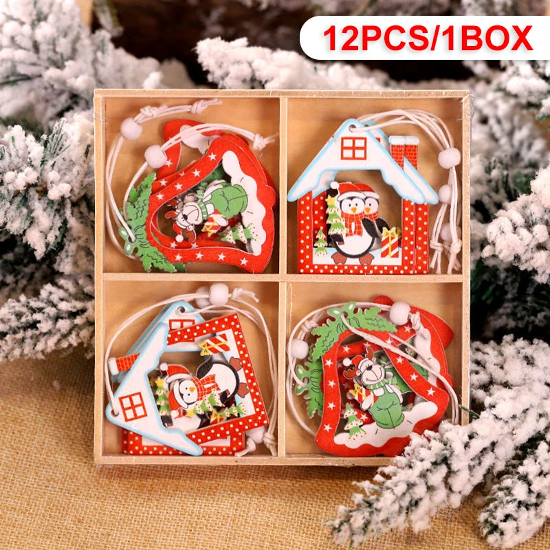 Wooden Christmas Pendant Merry Christmas Decoration for Home 2023 Navidad Xmas Tree Hanging Ornaments Kids Gifts New Year 2024 12pcs-S