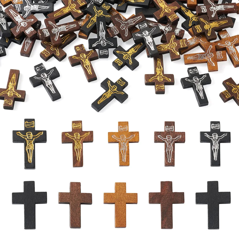 100Pcs Wooden Cross Pendants Printed Wood Charms For Easter Jewelry Bracelet Necklace Making Findings Mxied Color