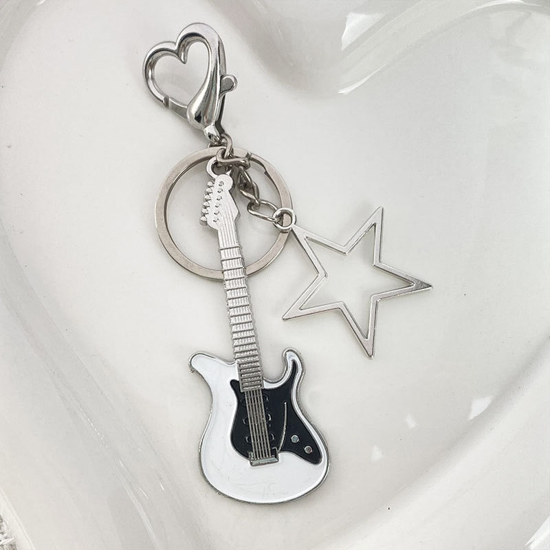 Guitar Keychain Love Heart Star Key Chain For Women Girl Y2K Sweet Keychain Cool Trend Hanging Pendant Vintage Accessories White