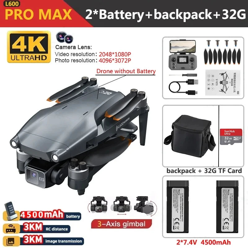 L600 PRO MAX Drone 4K Three-Axis PTZ HD Dual Camera Laser Obstacle Avoidance Brushless Motor GPS 5G WIFI RC FPV Quadcopter Toys L600 PRO MAX 4K 2B CHINA