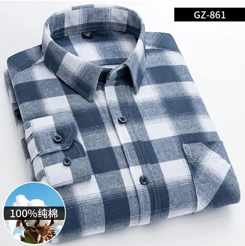 Long Sleeve Regular Fit Home New Spring Autumn 100% Cotton Plaid Mens Shirts Casual for Man Clothes Plus Size