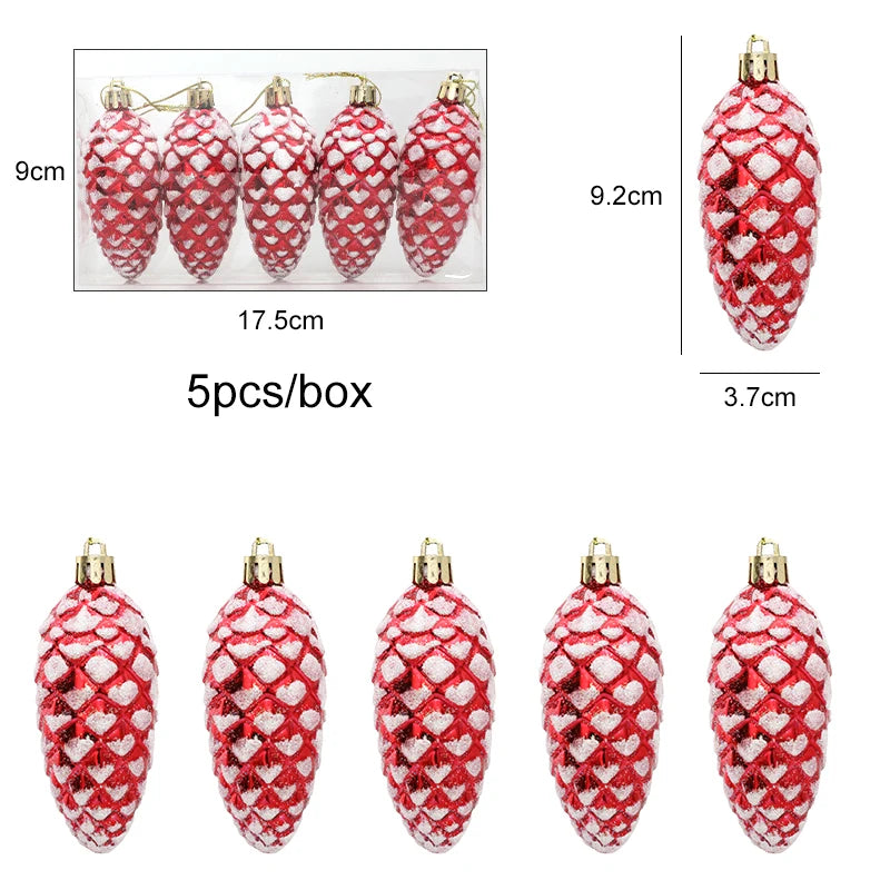 5Pcs Painted Christmas Pine Cone Xmas Tree Hanging Ornament Pendants Merry Christmas Decoration for Home Navidad New Year Gift red