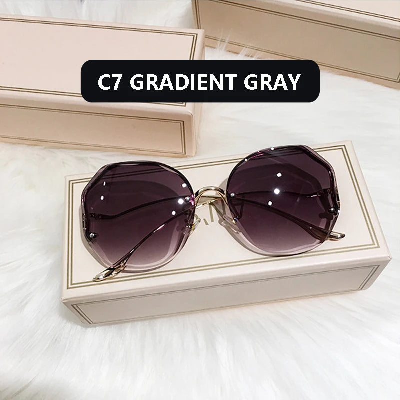 2023 Fashion Tea Gradient Sunglasses Women Ocean Water Cut Trimmed Lens Metal Curved Temples Sun Glasses Female UV400 C7 Adult