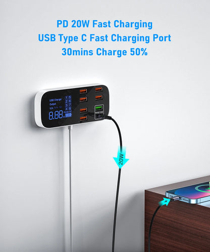 ASOMETECH 8 Port Desktop USB Charger Station With LED Display QC3.0 PD3.0 Fast USB Charging For iPhone 14 13 Pro Xiaomi