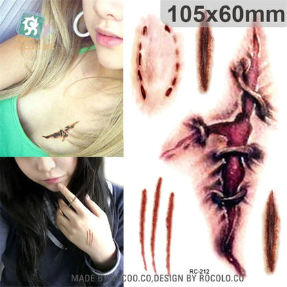 Halloween Waterproof Temporary Tattoos Paper For Men Women Boy Scar Wound Realistic Blood Injury Fash Tattoo Sticker RC2212