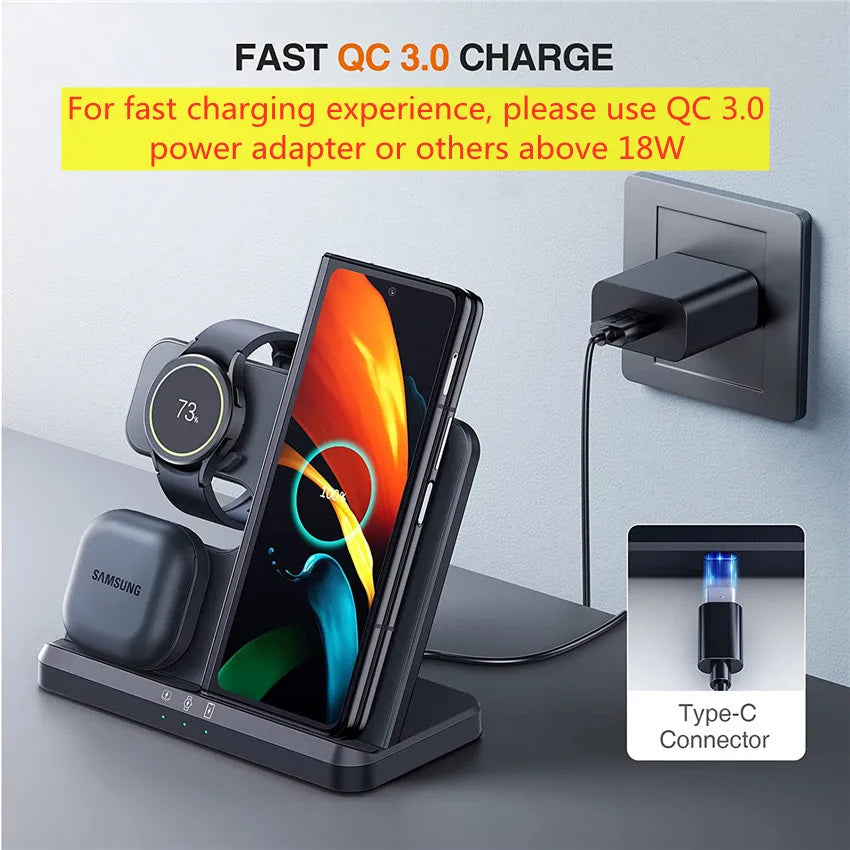 3 in 1 Wireless Charger Stand For Samsung S23 S22 S21 S20 Ultra Note Galaxy Watch 5 4 Active Buds 15W Fast Charging Dock Station