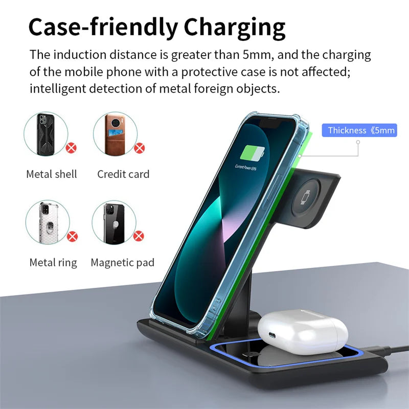 3 In 1 Wireless Charger Stand Pad Foldable 15W Fast Charging Dock Station For iPhone 15 14 13 12 Pro Max Apple Watch 8 7 Airpods