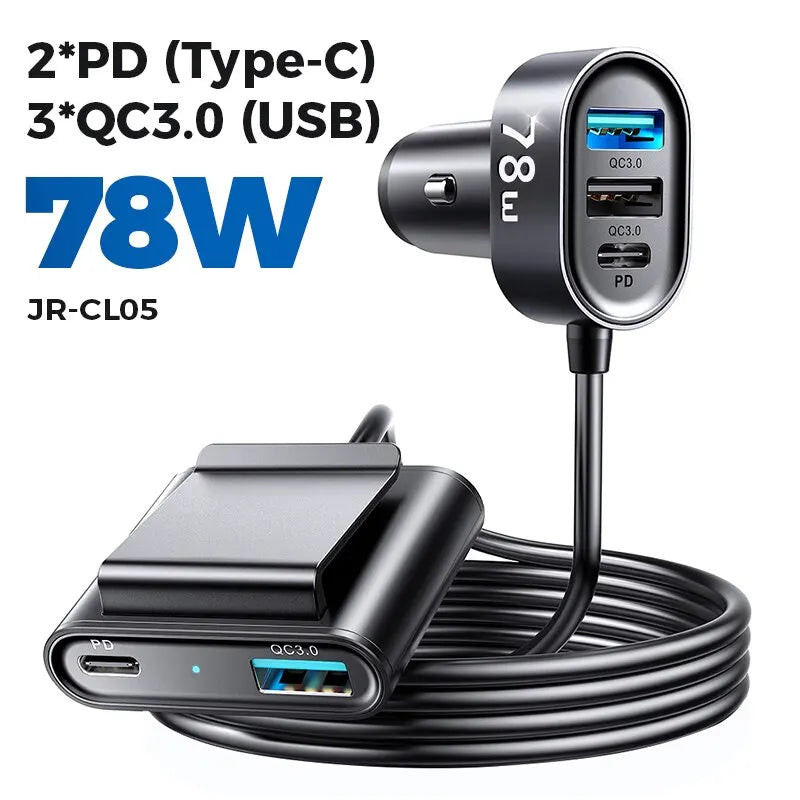 Joyroom 78W 5-in-1 Car Charger Fast USB C Car Charger with 1.5m Cable PD 3.0 QC 4.0 3.0 PPS 25W Type C Multi Car Charger Adapter 2PD 3 QC 3.0 78W