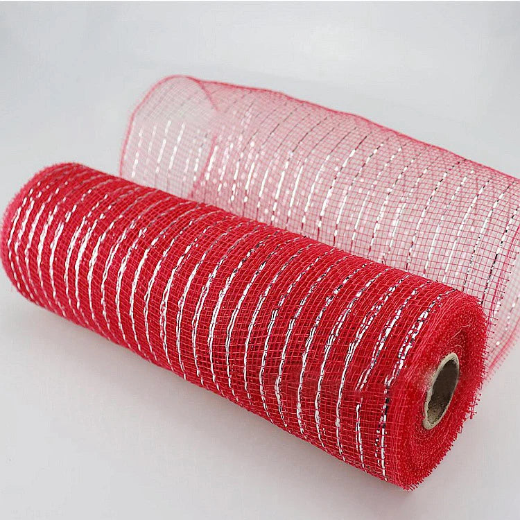 10Yard Christmas Red White Metallic Mesh Ribbon Xmas Tree Candy Cane Decoration Ornament DIY Wreath Bow 2024 New Year Gift 26cm Red Silver