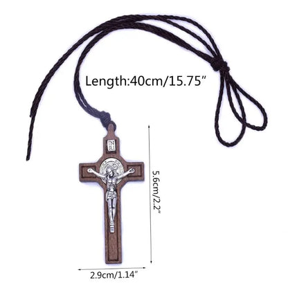 Retro Men Women Necklace with Brown/Black Rope Cross Pendant Christian Religious Natural Wooden for Children Boys Girls B