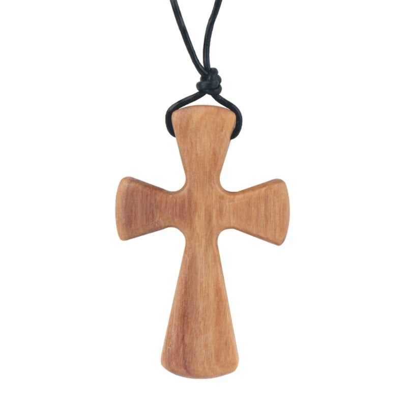 Olive Wood Pendant Long Adjustable Black Leather Rope Necklace Cross-shape Pendant Christian Gifts for Men and Women