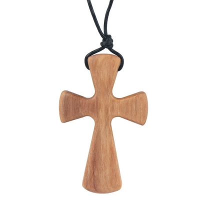 Olive Wood Pendant Long Adjustable Black Leather Rope Necklace Cross-shape Pendant Christian Gifts for Men and Women