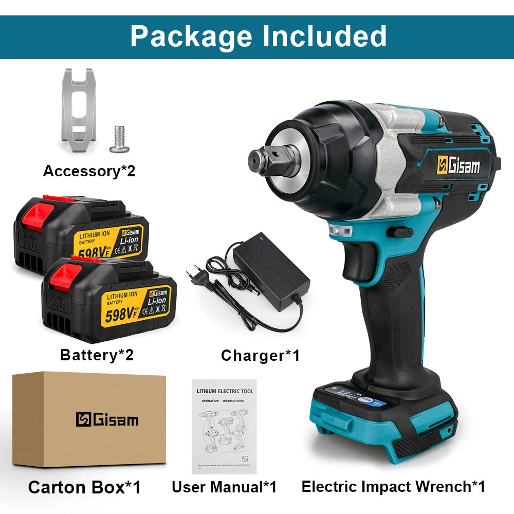 Cordless Impact Wrench High Torque Brushless Electric Wrench 1/2Inch Rechargeable Car Repair for Makita 18V Battery Power Tools 2x Battery Set CHINA