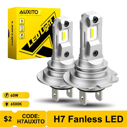 AUXITO 2Pcs H7 LED Headlight Bulbs Mini Size Fanless Wireless for Car Headlight CSP LED H7 Auto Diode Lamp 6500K 360° Beam Angle 6500K White H7