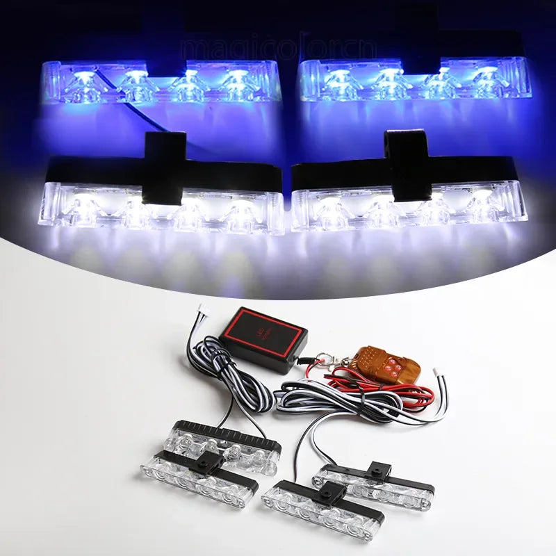 1set Grill Car LED Light Strobe Red Blue Emergency Remote Wireless Control Flash Signal Fireman Beacon Warning Lamp White and Blue