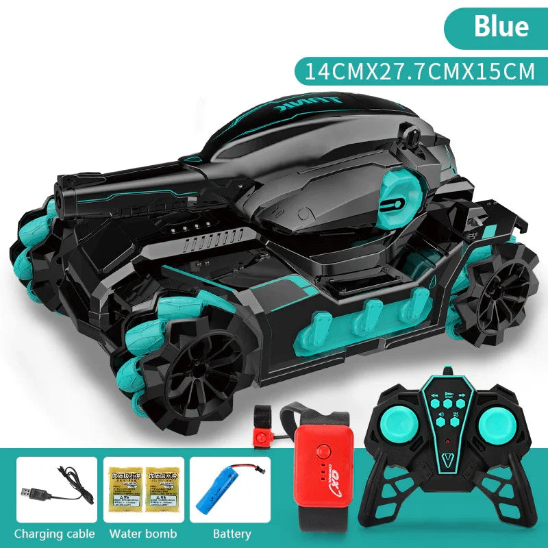 Child Water Bomb Tank Rc Car Kid Toy Gesture Induction 4Wd Radio Control Stunt Car Vehicle Drift Rc Toys with Light and Music Blue Double RC