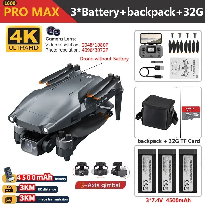 L600 PRO MAX Drone 4K Three-Axis PTZ HD Dual Camera Laser Obstacle Avoidance Brushless Motor GPS 5G WIFI RC FPV Quadcopter Toys L600 PRO MAX 4K 3B CHINA