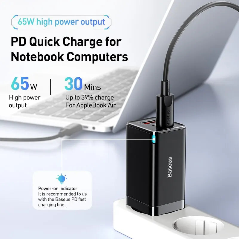 Baseus 65W GaN Charger Quick Charge 4.0 3.0 Type C PD USB Charger Portable QC4.0 3.0 Fast Charger For Laptop IPhone14 13