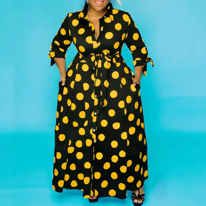 CM.YAYA Autumn Dot Print Button Up Plus Size XL-5XL Women Blousers Maxi Dress Vestidos Streetwear Long Dresses Vestidos Yellow