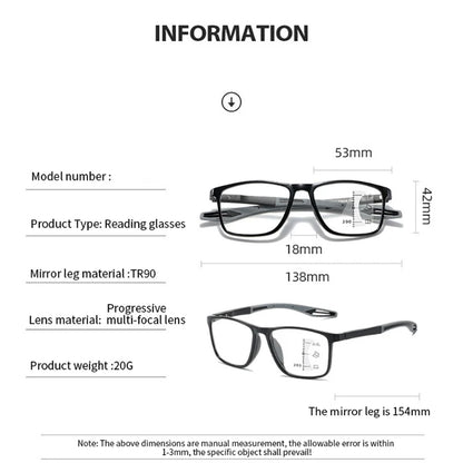 Multifocal Progressive Reading Glasses TR90 Frame Men Women Anti-blue Light Sports Eyeglasses Ultralight Bifocal Presbyopia