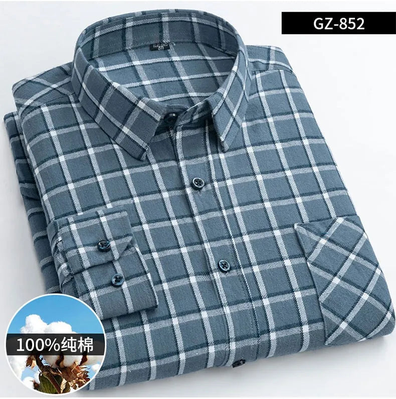 Long Sleeve Regular Fit Home New Spring Autumn 100% Cotton Plaid Mens Shirts Casual for Man Clothes Plus Size