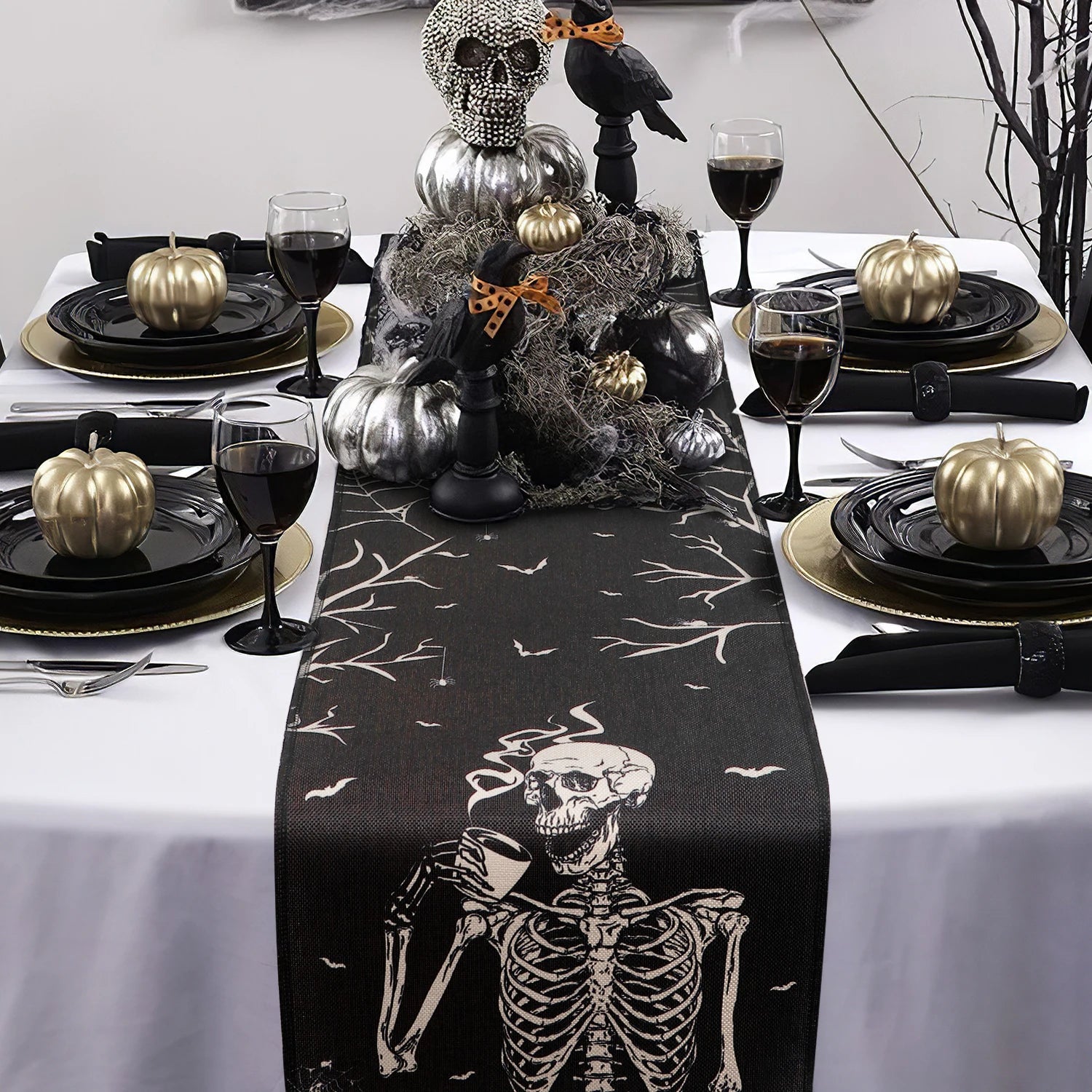 OurWarm Day of The Dead Table Runner with Skull Halloween Decoration Tablecloth Kitchen Dinning Table Decoration Party Supply