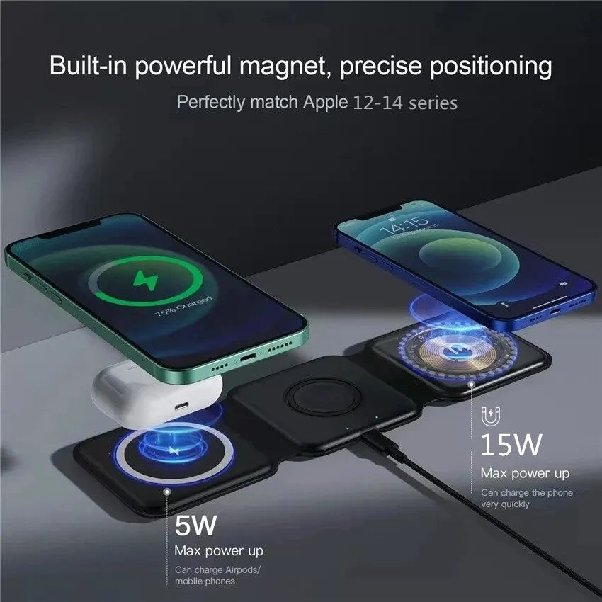 3 In 1 Magnetic Wireless Charger Pad Stand Foldable for iPhone 15 14 13 12 11 Apple Watch AirPods 15W Fast Charging Dock Station