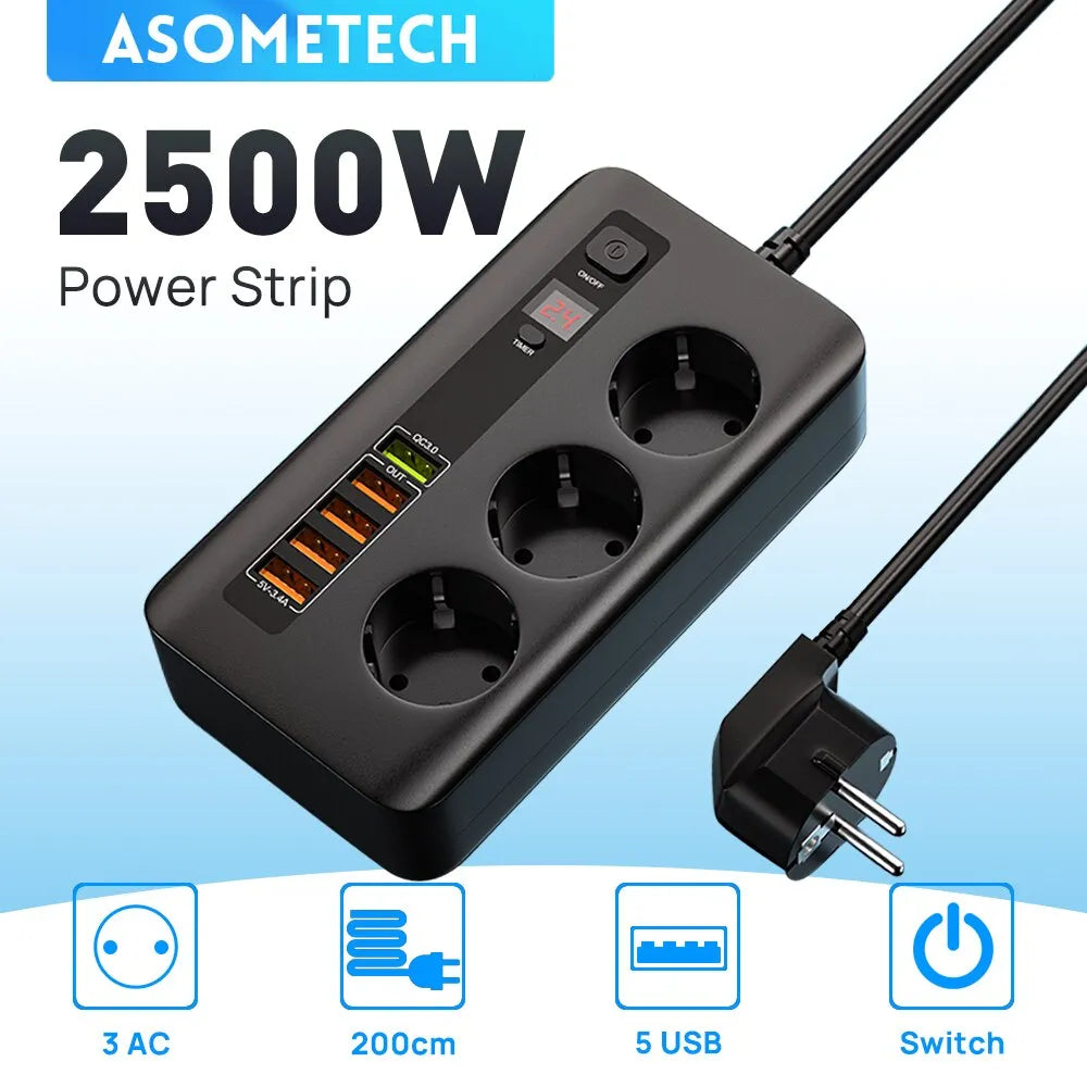 ASOMETECH EU Power Strip European Plug Strip 2500W Extension Socket Overload Protection Multi Plug USB Charger USB C Charger