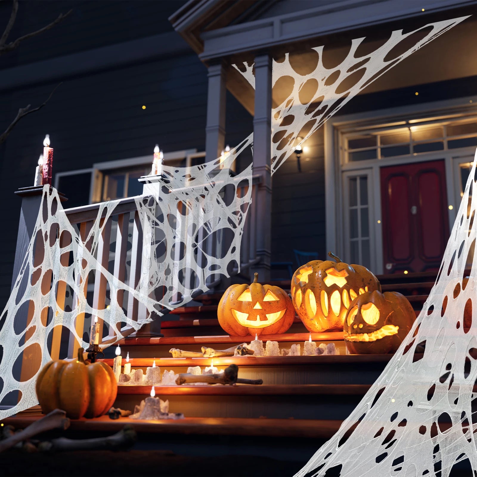 OurWarm 4m Halloween Decorations Outdoor Spider Web Giant Stretchy Netting Spider Webbing Ripped Cobweb Haunted House Prop Decor