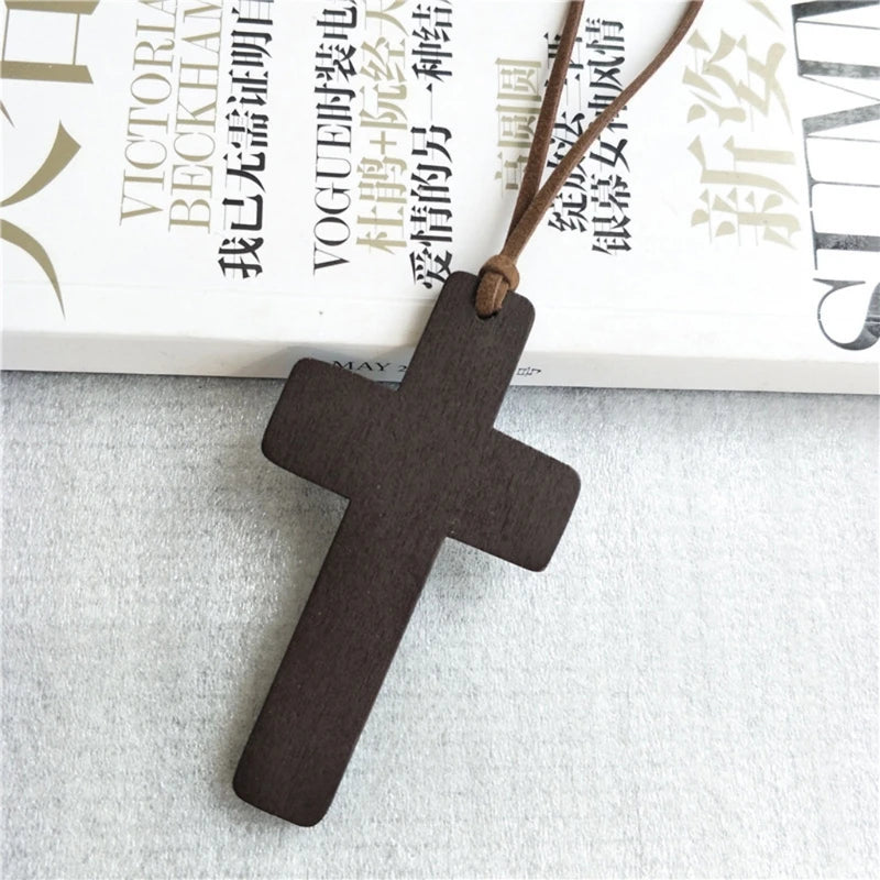 Retro Men Women Necklace with Brown/Black Rope Cross Pendant Christian Religious Natural Wooden for Children Boys Girls