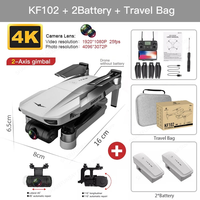 New KF102 MAX Drone 4K Brushless With Professional HD Camera 2-Axis GPS Fpv RC Quadcopter Helicopters Drones Toys For Boys KF102 2B with Bag CHINA