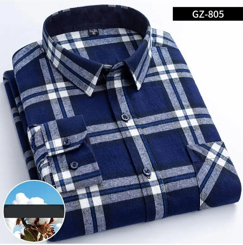 Long Sleeve Regular Fit Home New Spring Autumn 100% Cotton Plaid Mens Shirts Casual for Man Clothes Plus Size