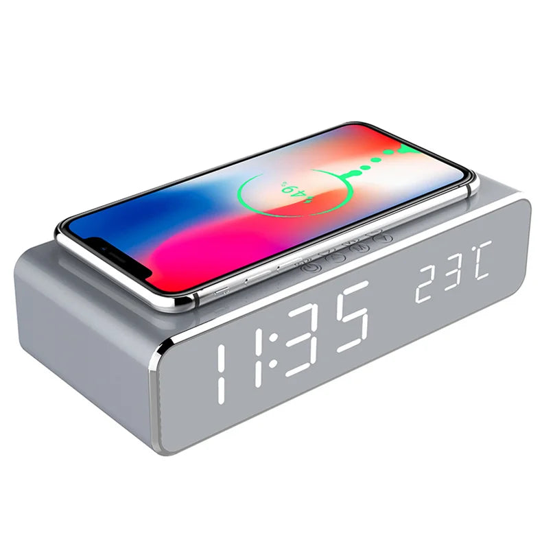 Wireless Charger Time Alarm Clock LED Digital Thermometer Earphone Phone Chargers Fast Charging Dock Station for iPhone Samsung