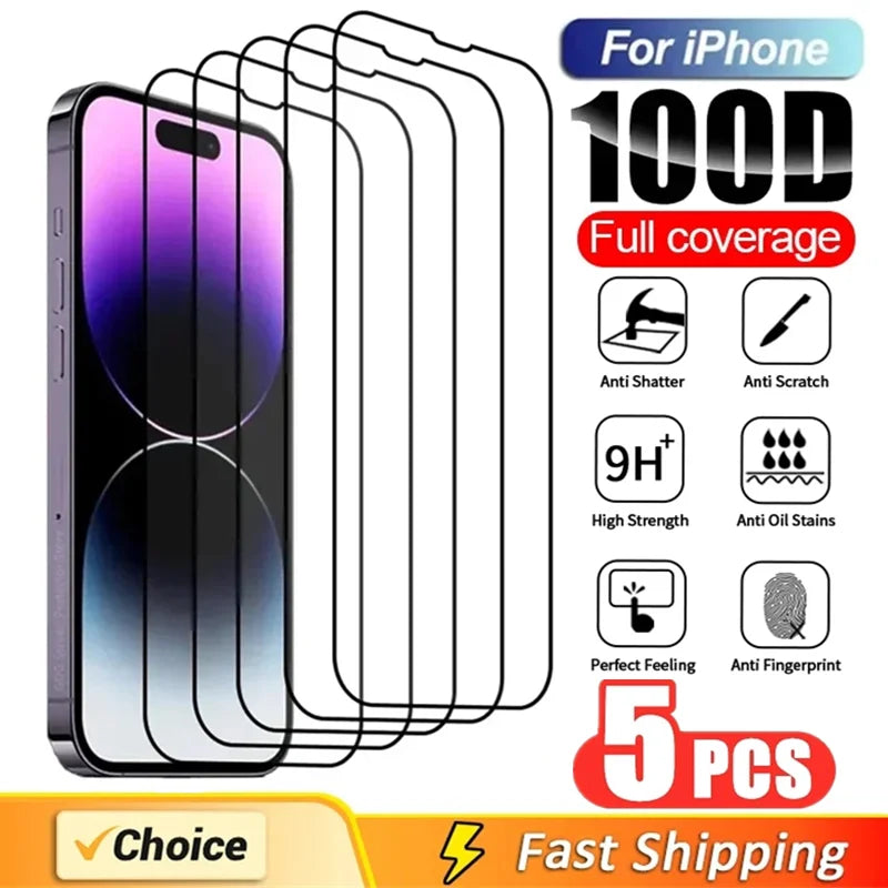 5Pcs Tempered Glass For iPhone 15 14 Pro Max 12 13 Mini 7 8 Plus Screen Protector For iPhone 11 PRO X XR XS MAX Protective Glass 5Pcs Black Glass