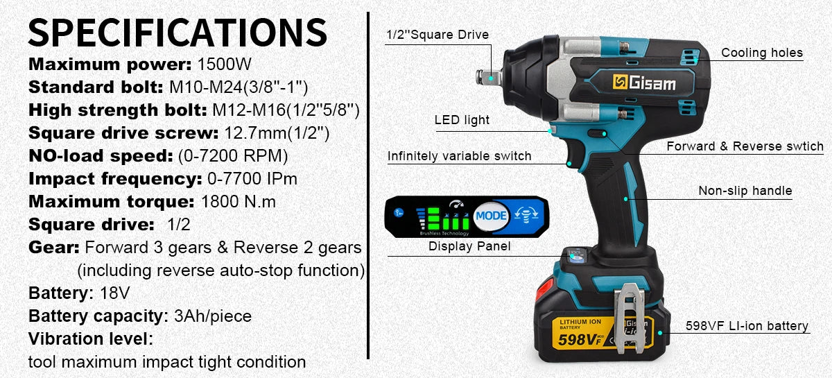 1800N.M Torque Brushless Electric Impact Wrench 1/2 inch Lithium-Ion Battery Cordless Wrench Power Tools For Makita 18V Battery