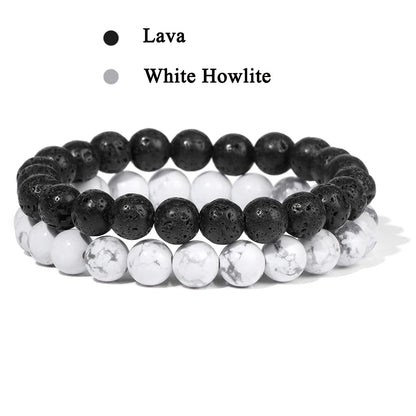 Set Bracelet Couples Distance Black White Natural Lava Stone Tiger Eye Beaded Yoga Bracelets for Men Women Elastic Rope Jewelry No.30