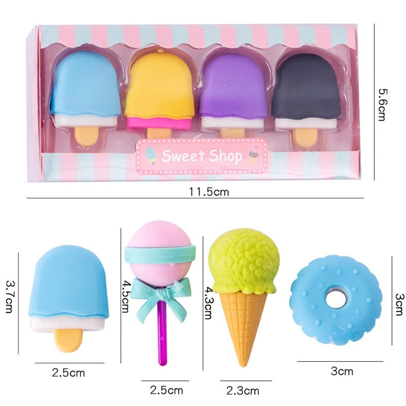 4pcs Yummy Icecream Erasers Set Mini Lollipop Dessert Popsicle Donuts Rubber Pencil Eraser for Kids Gift School Student Award