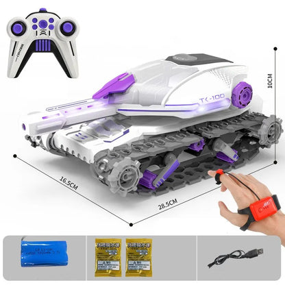 Child Water Bomb Tank Rc Car Kid Toy Gesture Induction 4Wd Radio Control Stunt Car Vehicle Drift Rc Toys with Light and Music White Double RC